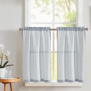 Vangao Stripe Farmhouse Kitchen Curtains 36 Inch Length Linen Cafe Curtains Ticking stripe Tier Drapes Pinstripe Semi-Sheer Small Window Treatments Rod Pocket, 2 Panels, Blue on Beige