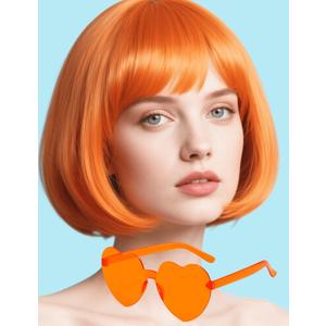 Orange Bob Wig with Heart Sunglasses - Heat-Resistant, Synthetic Fiber, Adjustable and Natural Looking