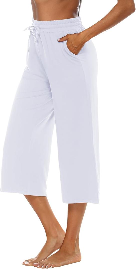 OYANUS Capris for Women Casual Summer Loose Comfy Drawstring Wide Leg Capri Pants with Pockets (White, M)