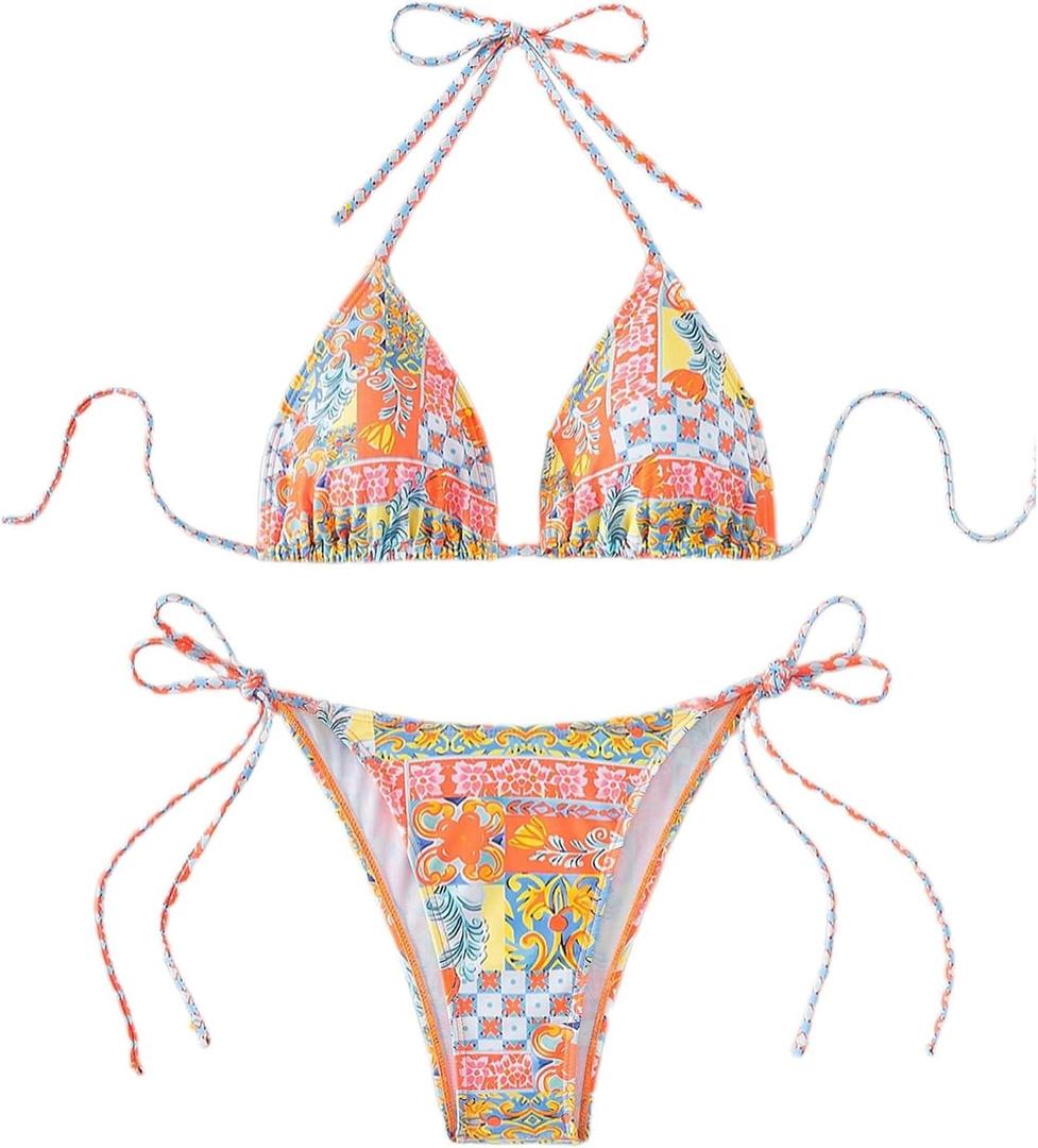 QJQ Women's 2 Piece Bikini Sets Floral Boho Halter Triangle Bathing Suit Tie Side Sexy Cheeky String Swimsuit (Orange) Small 