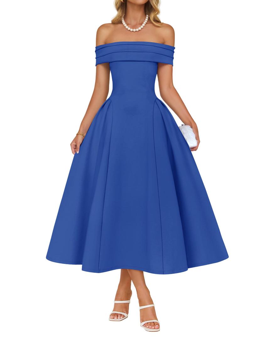 ZESICA Summer 2026 Cocktail Dresses for Women's Off Shoulder Short  Sleeve Swing A Line Wedding Evening Party Midi Dress XL