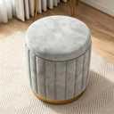 Modern Velvet Storage Ottoman, Round Vanity Stool with High Resilience Sponge, Multifunctional Footrest Makeup Chair with Wooden Frame, Pink (Grey)
