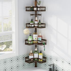 HEVEL Corner Shower Caddy Tension Pole, 4 Tier Adjustable Shower Organizer Corner 62-115 Inch, Rustproof Bathroom Shower Shelves for Bathtub Storage,Bronze