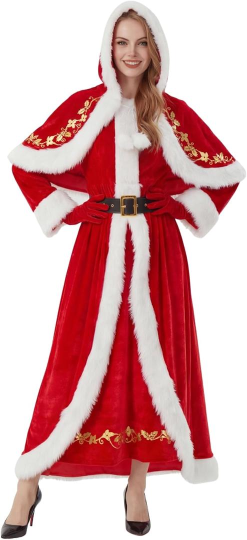 Mrs. Claus Costume for Women 4PCS Christmas Outfits Adult Santa Dress with Cape Belt Gloves for Xmas Party Holiday (Medium)