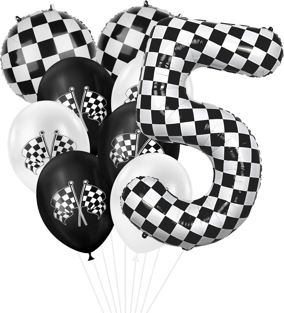 2 x 40 Inch Checkered Number Balloon, 5th Birthday Number Balloons for Boy, Large Inflating Black and White Number 5 Race Car Theme Party Decor Supplies, for Birthday Party,Wedding, Anniversary