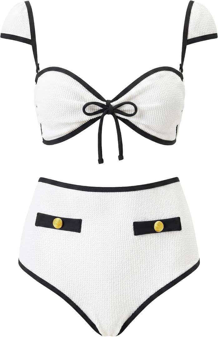Womens High Waisted Bikini Sets Tummy Control Swimsuits Retro Color Block Bathing Suit Clasp Back Swimwear (White, L)