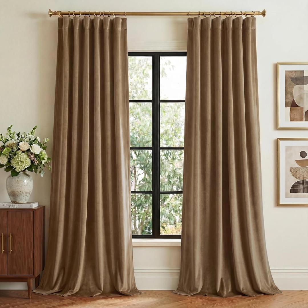 StangH Brown Curtains 84 Inches Long, Super Soft Room Darkening Velvet Curtains & Drapes Neutral Modern Thermal Insulated Room Divider for Living Room Home Office, W52 x L84, 2 Panels