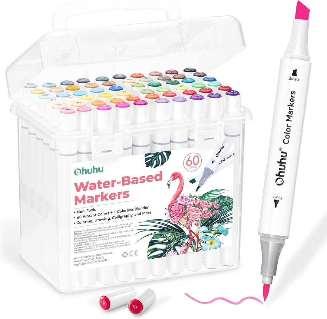 Ohuhu Markers for Adult Coloring Books No Bleeding 60 Colors Water-based Dual Tips Brush & Fine Coloring Markers for Kids Adults Beginners Drawing Pens for Journaling Lettering (Brush & Chisel)
