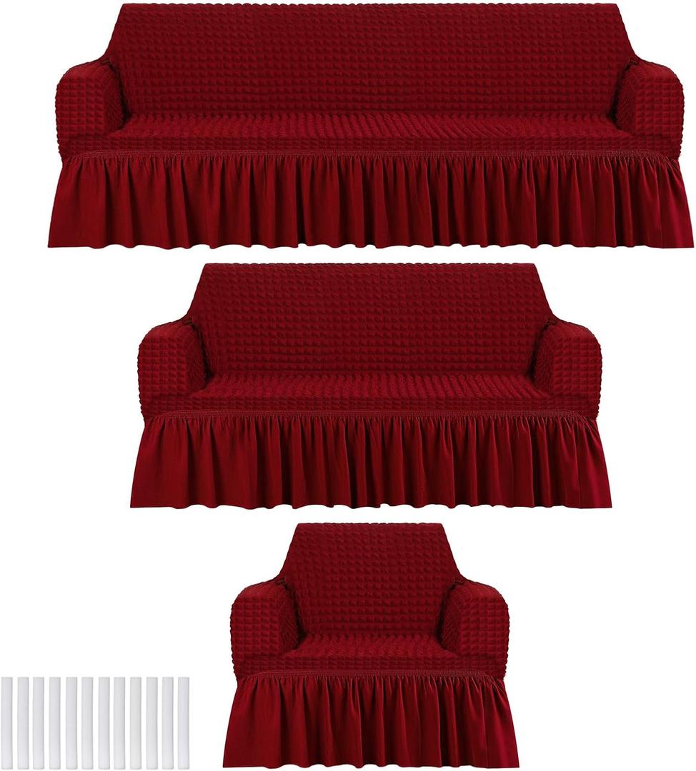 3 Pcs Sofa Slipcover Set for Couch Cushion Durable Washable High Elastic Stretchable Furniture Couch Covers with Skirt for Sofa Loveseat Arm Chair(Burgundy,Seersucker)