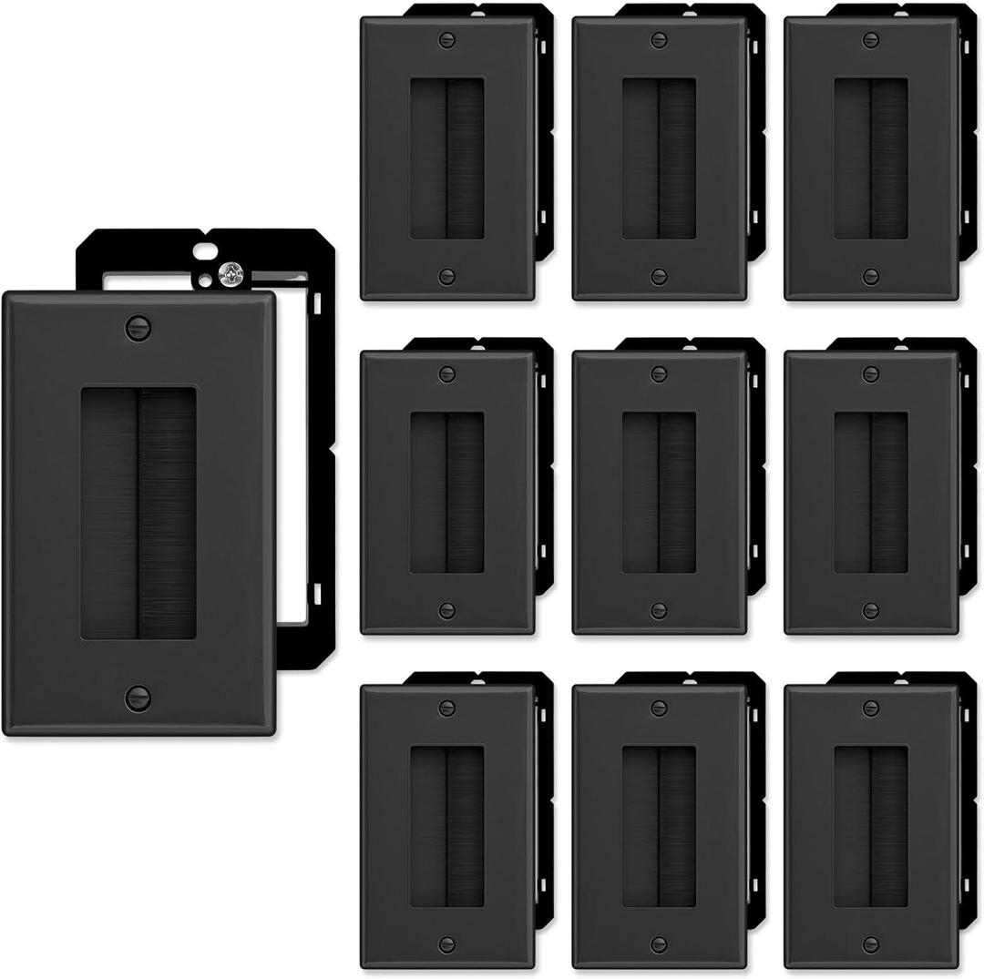 FGB 10 Pack Brush Wall Plate with Low Voltage Mounting Bracket, Cable Pass Through Insert for Wires, Single Gang Cable Access Strap, Wall Socket for HDTV, Home Theater Systems - Black