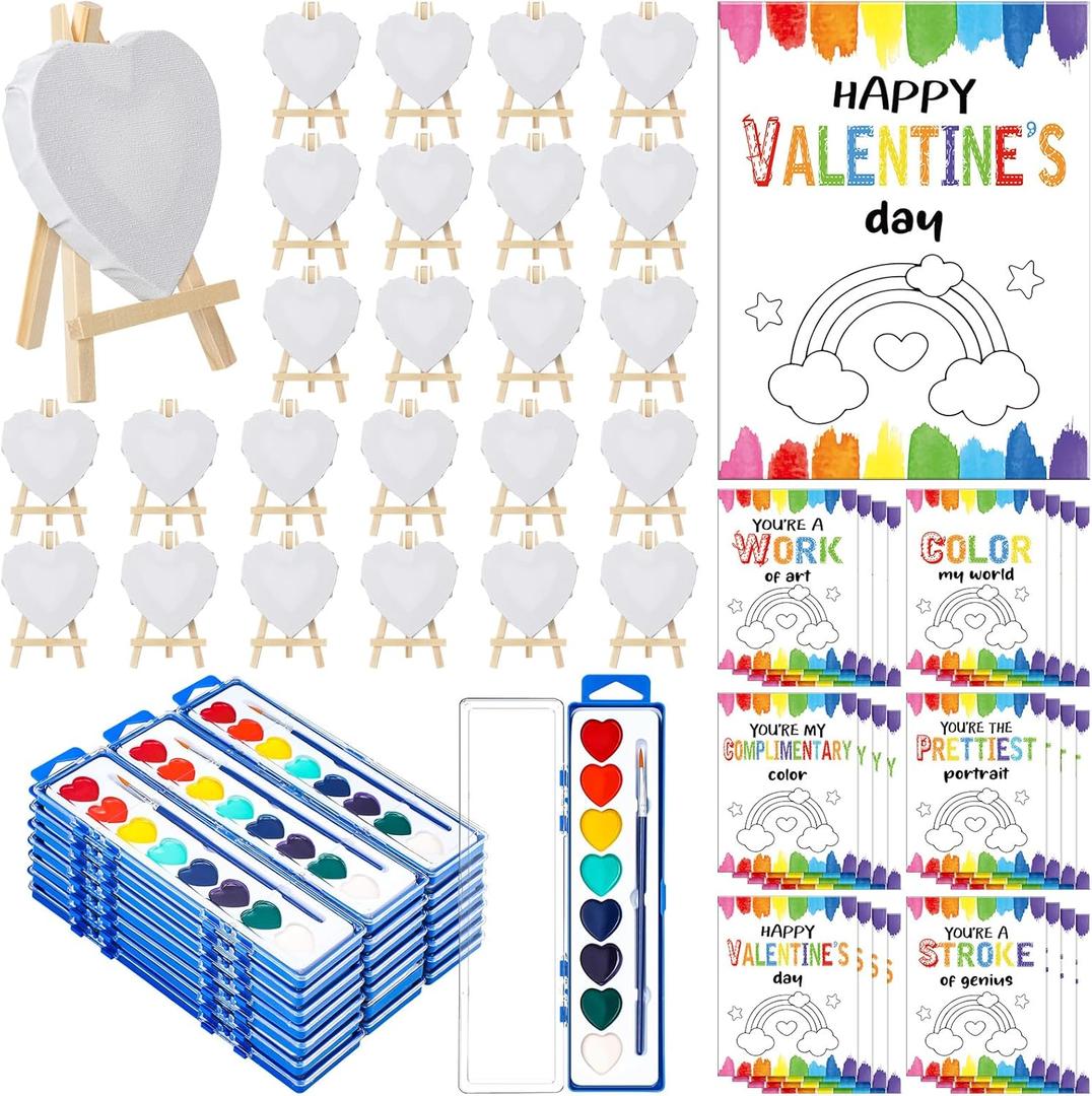 24 Sets Valentines Gift Mini Painting Set Heart Shape Canvas Wooden Easel, Watercolor Paint and Brush Kit with Valentines Cards for Exchange Gifts Party Favors