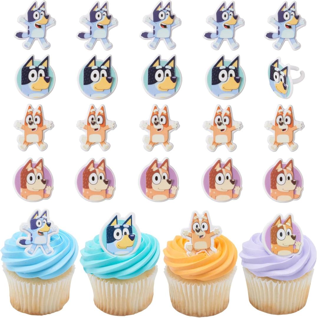 DecoPac Bluey So Much Fun Rings, 24 Cupcake Decorations Featuring Bluey, Bingo, Bandit, and Chilli, 3D Food Safe Cake Toppers 24 Pack