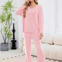 Womens 2 Piece Lounge Sets Long Sleeve Ribbed Knit Casual Top Wide Leg Pants Matching Set Spring Fall Outfits (Pink, L)