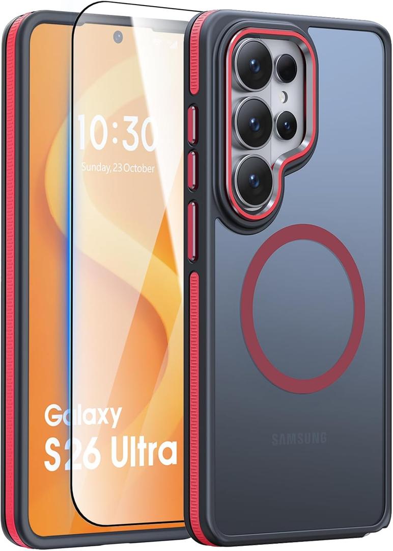 Magnetic Case for Samsung Galaxy S26 Ultra with HD Screen Protector, Compatible with Magsafe, Mil-Grade Shockproof Protection & Non-Slip Matte Cover Case for Galaxy S26 Ultra Red