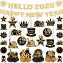New Years Eve Party Supplies 2026, 20Pcs Black Gold Happy New Year Banner Set Include Glitter Hello 2026 Happy New Year Banner Hanging Swirls Honeycomb Centerpieces for New Years Decorations 2026