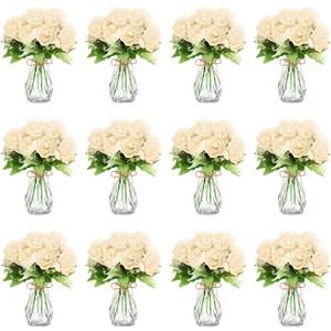 Zeyune 37 Pack Artificial Peonies Flowers with Bud Vase Bulk 24 Bundles Silk Peonies Bouquets 12 Plastic Clear Vase with 1 Rope Fake Flowers for Table Centerpiece Vases(Champagne, Round Head)