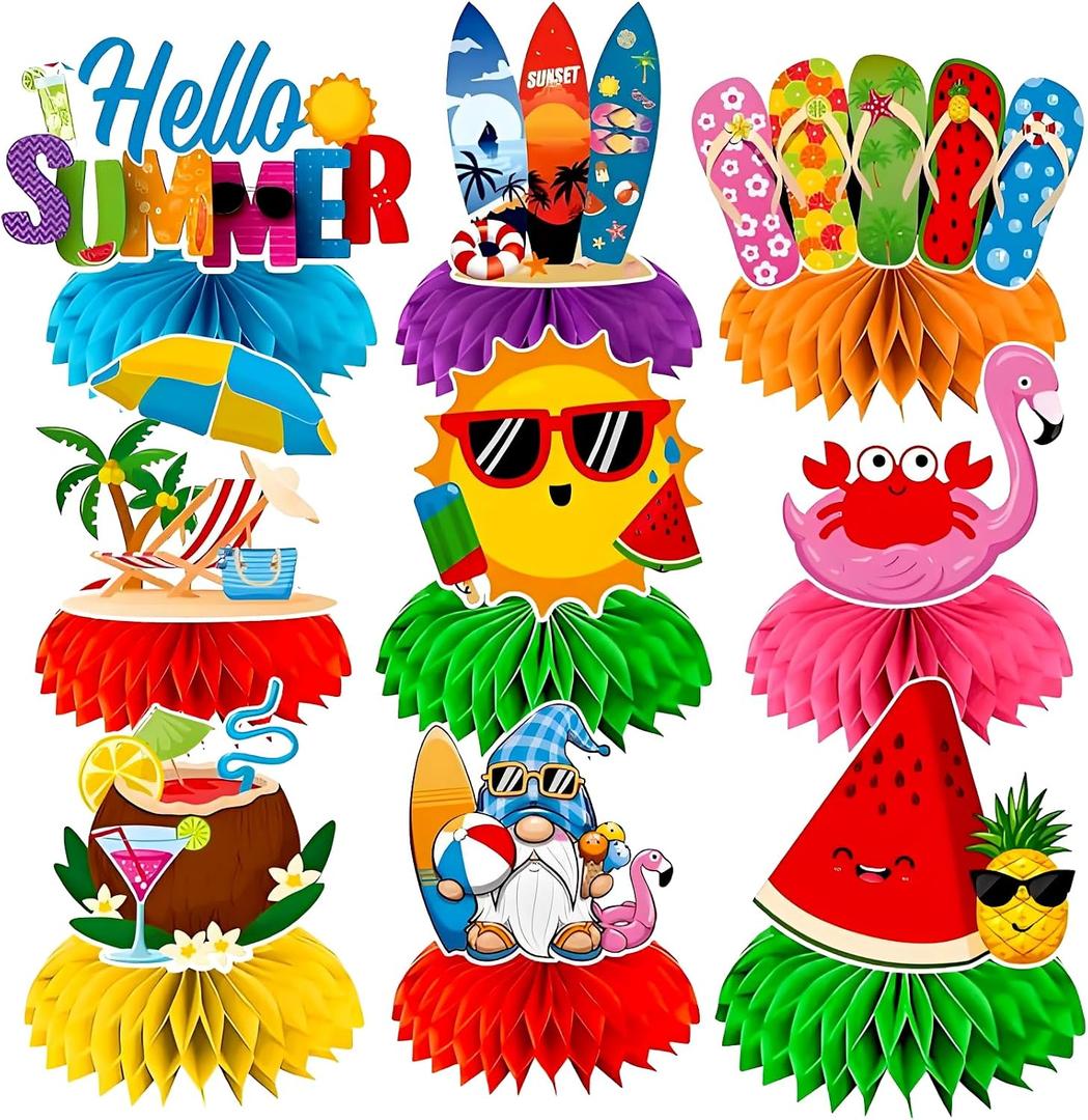 2 x 9Pcs Summer Party Decorations Honeycomb Centerpiece, Hello Summer Birthday Party Decorations, 3D Beach Summer Decorations Honeycomb Centerpiece for Birthday Beach Pool Party Decors