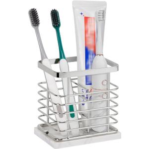 HarJue Toothbrush Holder, Luxurious Metal Toothbrush Toothpaste Holder with Marble Base for Bathroom, Multi-Slots Openwork Design, Bathroom Accessory for Storage and Organizer (Small, Chrome)