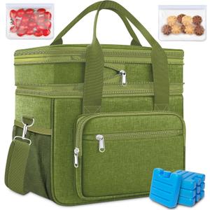 Coobiiya Large Expandable Insulated Lunch Bag Cooler Bag12-23L Lunch Box for Men Double Deck LeakproofHeavy Duty LunchBag Cooler Bags for Camping, Travel, Kayaking & Beach (Green)