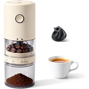 LAMIDO Portable Electric Burr Coffee Grinder - Grind While Charging - Visual Bean Hopper - 38 External Grind Settings - 1.8X Faster Grinding - 2000 mAh Battery for Travel, Camping - Light Beige