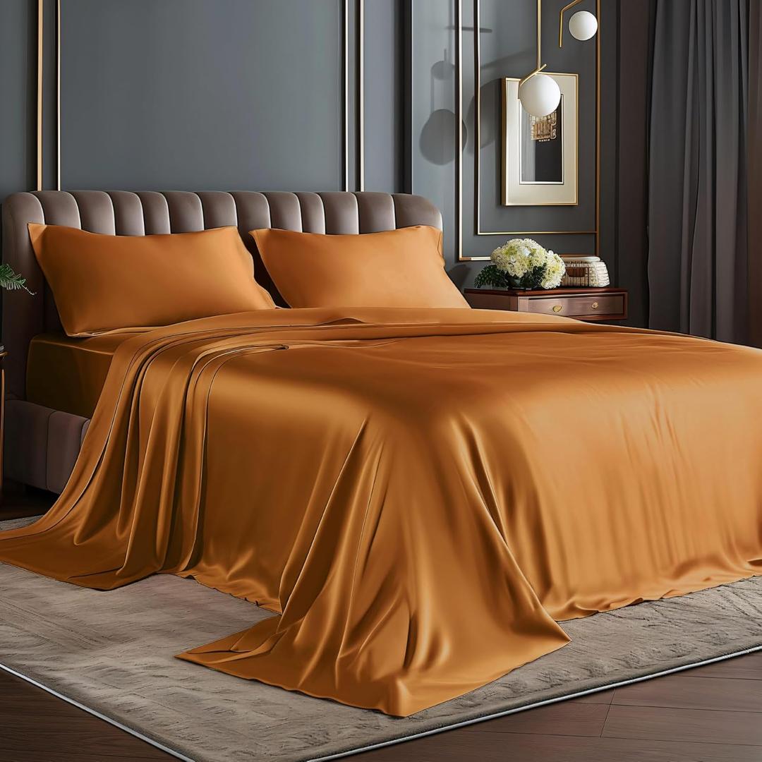 BEDELITE Satin Sheets Queen Size Bed Set, Luxury Soft Burnt Orange Silky Sheets for Hair and Skin, Similar to Silk Bed Sheets Set 4 Pieces with 1 Deep Pocket Fitted Sheet, 1 Flat Sheet, 2 Pillowcases