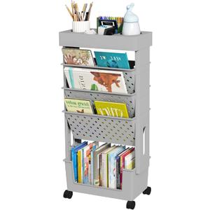 5-Tier Mobile Bookshelf, Rolling Bookcase Book Storage Rack, Movable File Folder Organizer Cart with Wheels for Home Study Office Living Room Classroom, Grey