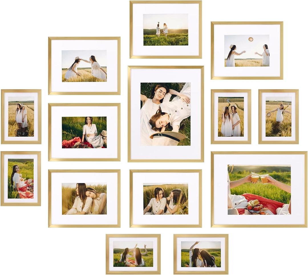 Giftgarden 14 Pack Gold Picture Frames with Mat for Various Sizes Photos, Assorted Matted Frame Set Including Two 11x14, Six 8x10, Six 5x7, Gallery Frame Collage for Wall or Tabletop Display