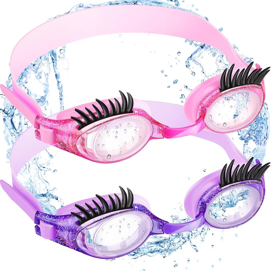 Konohan 2 Pieces Kids Swim Goggles Eyelashes Girls Funny Swim Goggle No Slip Leak Anti Fog UV Glasses for Lash Extensions (Purple, Dark Pink)