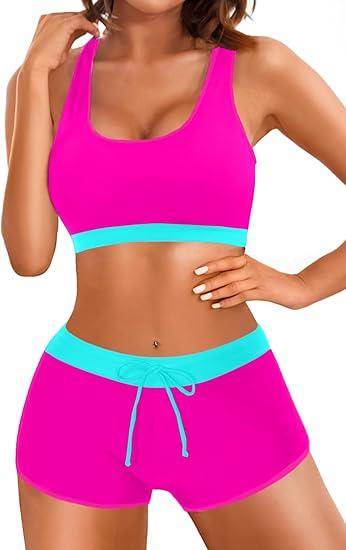 Tempt Me Women Pink Aqua Two Piece Sports Bikini Athletic Swimsuits Racerback Crop Top with Boy Shorts Bathing Suits for Girls Vests Small
