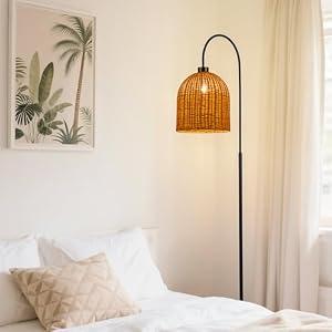 MAYNA Rattan Floor Lamp, 66 in. Bohemian Style Floor lamp with Natural Brown Rattan Shade, Rustic Curved Standing lamp for Coastal, Beach or Bohemian Decor (Coastal Black)