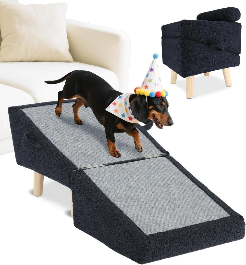 Dog Stairs for Small Dogs and Cats  2-in-1 Dog Ramp for Couch and Low Bed, 16.5'' Foldable Wooden Pet Ramp, Sturdy Multi-Use Split Ottoman Design, Dark Blue