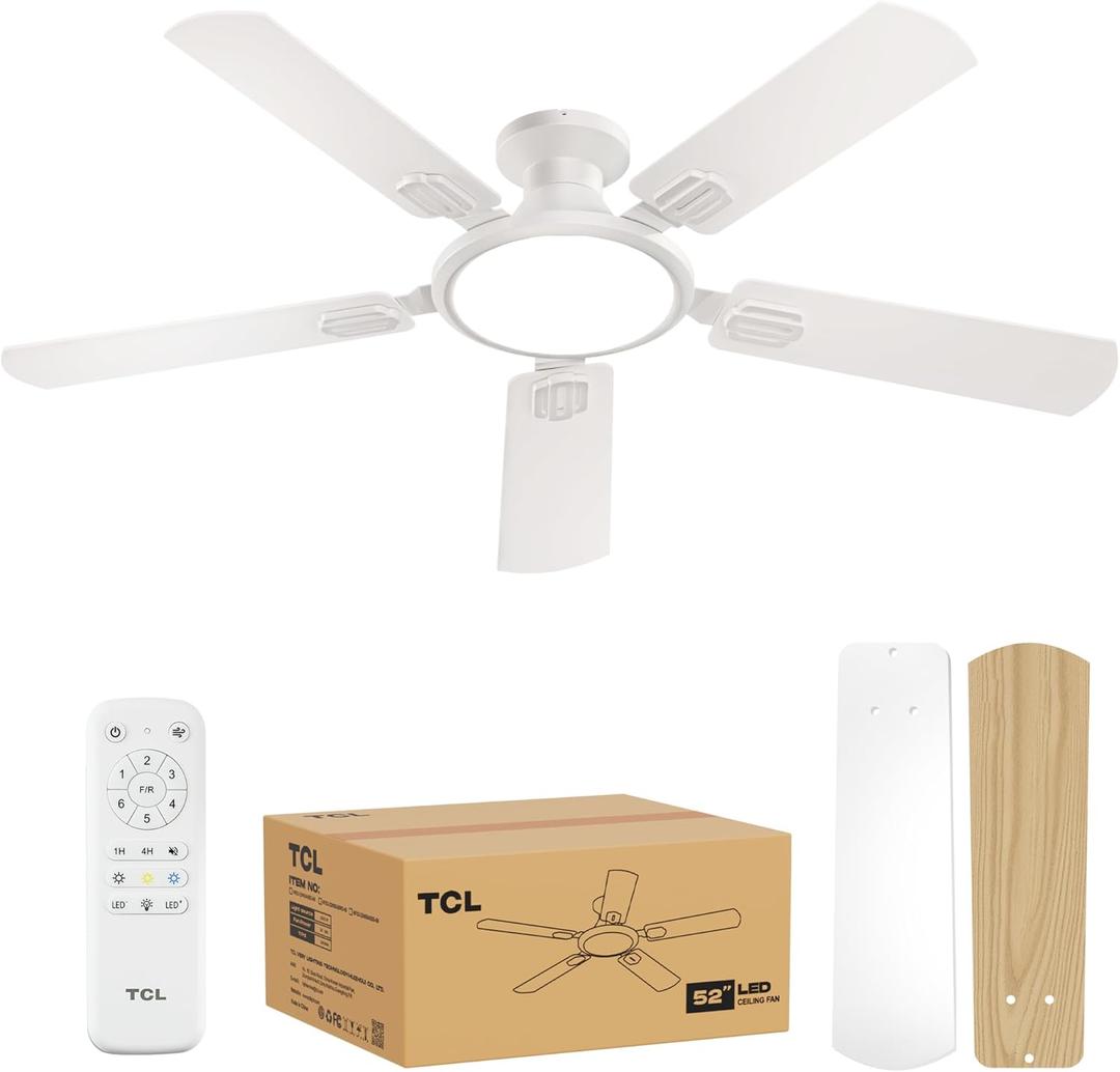 TCL 52" Low Profile Ceiling Fan with Light, Slim, White, Flush Mount, DC Reversible Motor, 6 Speeds, Remote Control, Noiseless, Dimmable, LED Light, 3CCT, Modern Ceiling Fan for Bedroom Living Room