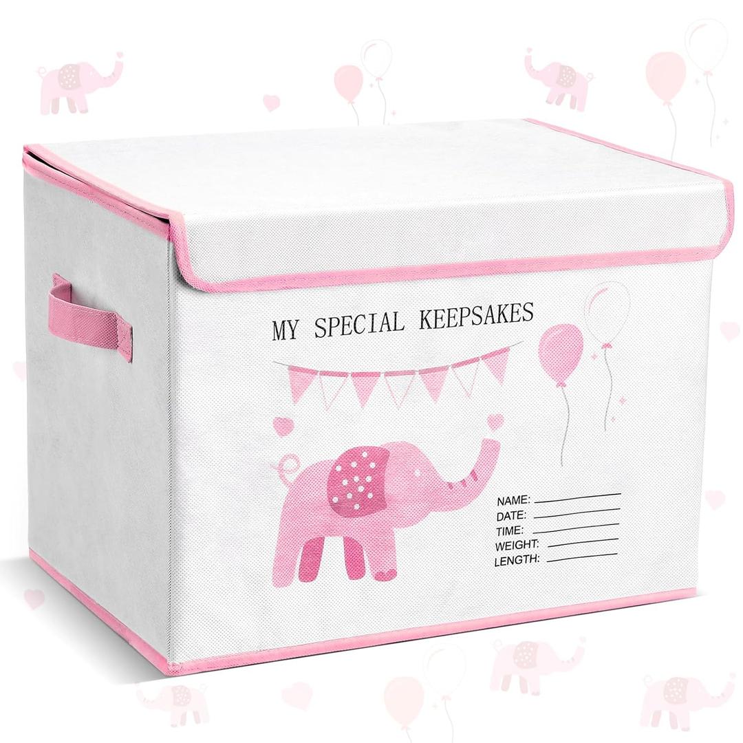 LemonRoad 16x12x12inch Baby Memories Keepsake Box Baby Shower Elephant First Keepsake Box New Parent Newborn Baptismal Birthday Gift for Mementos Travel Loved Ones Treasured Keepsakes (Pink)