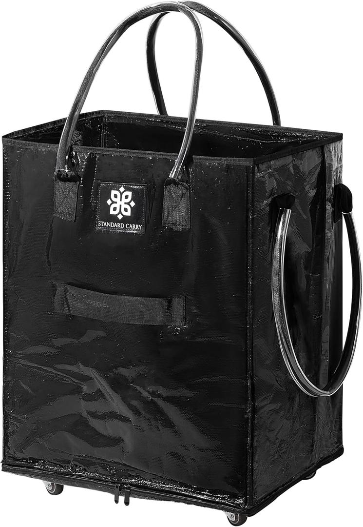 Reusable Grocery Bag with Wheels - Foldable Rolling Tote, Zipper Closure, Heavy-Duty, Eco-Friendly, Carry Up to 70Lbs - Perfect for Shopping, Laundry, Sports Schlepping, and More!