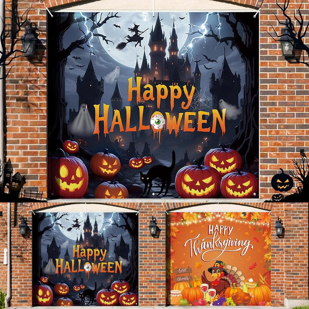 2 Set 7 x 8 ft Large Happy Halloween Garage Door Cover and Thanksgiving Garage Door Cover Halloween Thanksgiving Banner for Fall Holiday Party Supplies Decor Porch Garage Outside