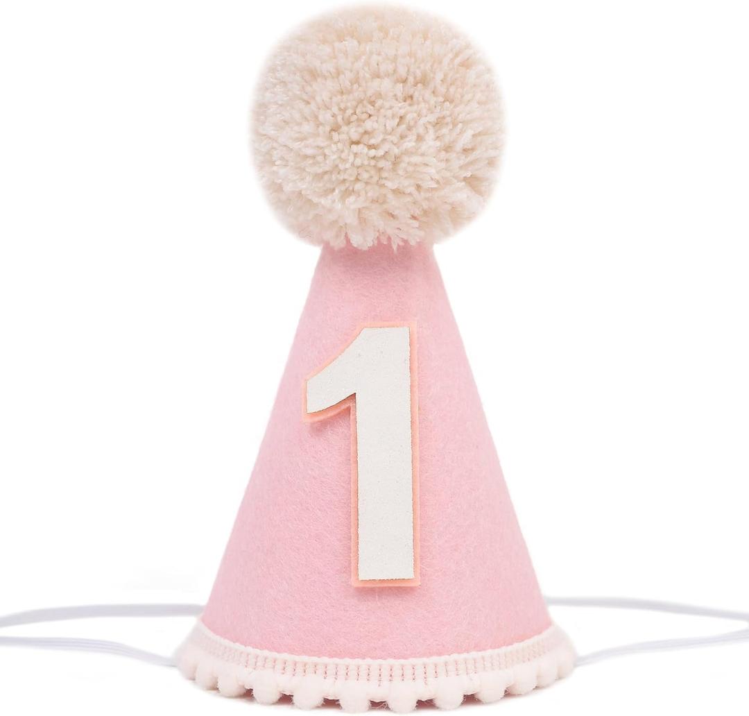 Pink First Birthday Hat for Baby Girls - Pink 1st Cone Hat,Crown with Pom Topper,First Birthday Decorations,One Party Photo Props