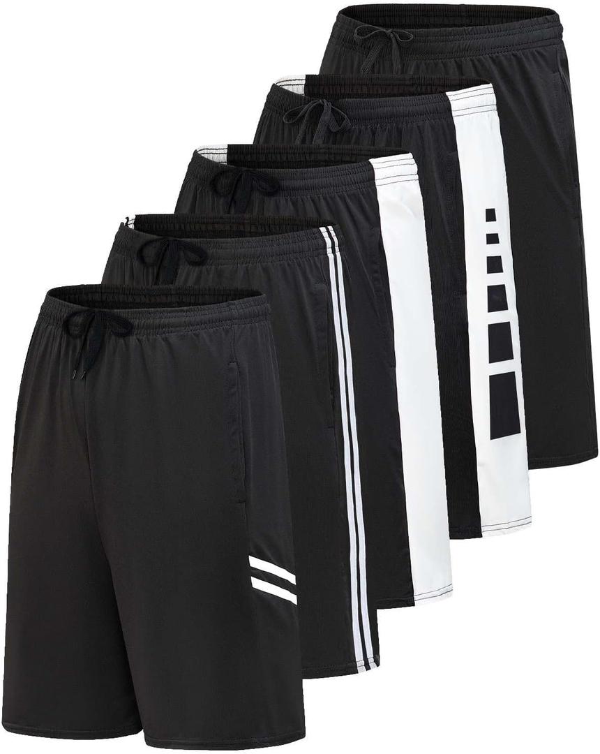 Real Essentials Men's 5 Pack: 9" Dry-Fit Shorts Athletic Gym, Workout, Basketball, Running, Casual Lounge Active Pockets (XX-Large)
