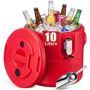 meekoo 10L Large Insulated Ice Bucket for Parties, Double-wall Beverage Bucket with Lid & Scoop, Keeps Champagne, Wine, Beer Chill for Parties Stainless Steel Ice Buckets for Summer Beach Party