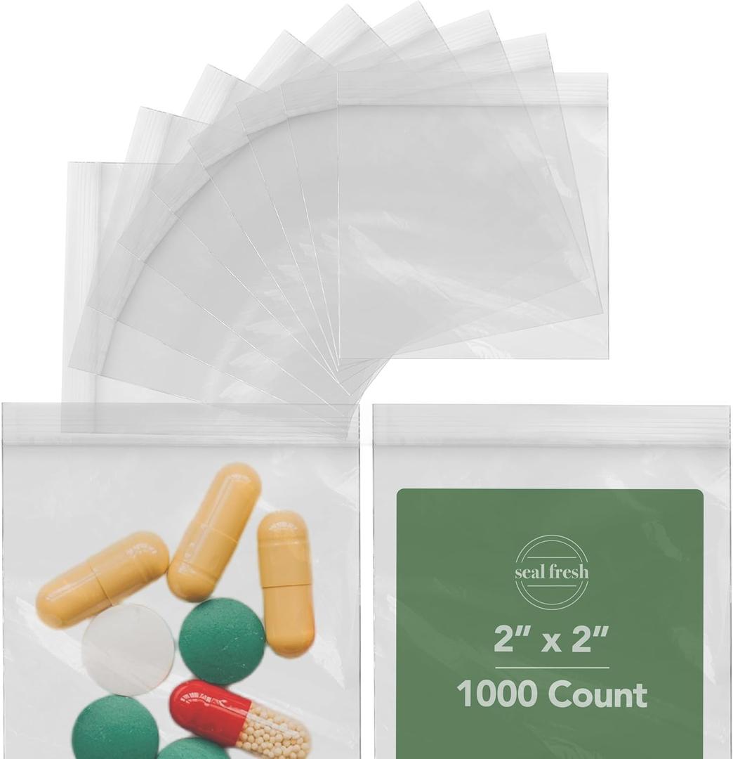 Seal Fresh Ziplock Bags – 2" x 2" (1000 Count), 2 Mil – Clear Plastic Reclosable Baggies with Resealable Lock Seal Zipper – Zip Lock Bags, Snack Bags, Jewelry Bags, Plastic Bags, Zip Bags, Pill Bags