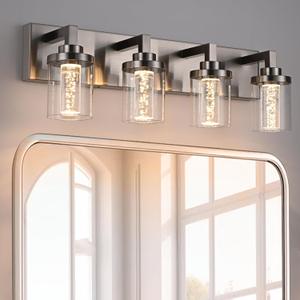 MELUCEE 4-Light Bathroom Lighting Fixtures Brushed Nickel, Dimmable LED Vanity Light for Bathroom 5CCT Bubble Crystal Bath Wall Lights with Clear Glass Shade, Built-in Led Chips Brushed Nickel, 4 Lights