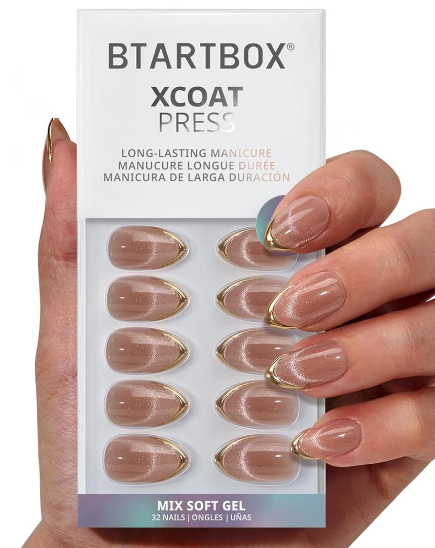 BTArtbox Press On Nails Short - Gold Drops, Lamp-Curable Gold French Tip Cat Eye Almond Press On Nails with Glue and Adhesive Tabs for Women in 16 Sizes - 32 Soft Gel Glue On Nails Kit