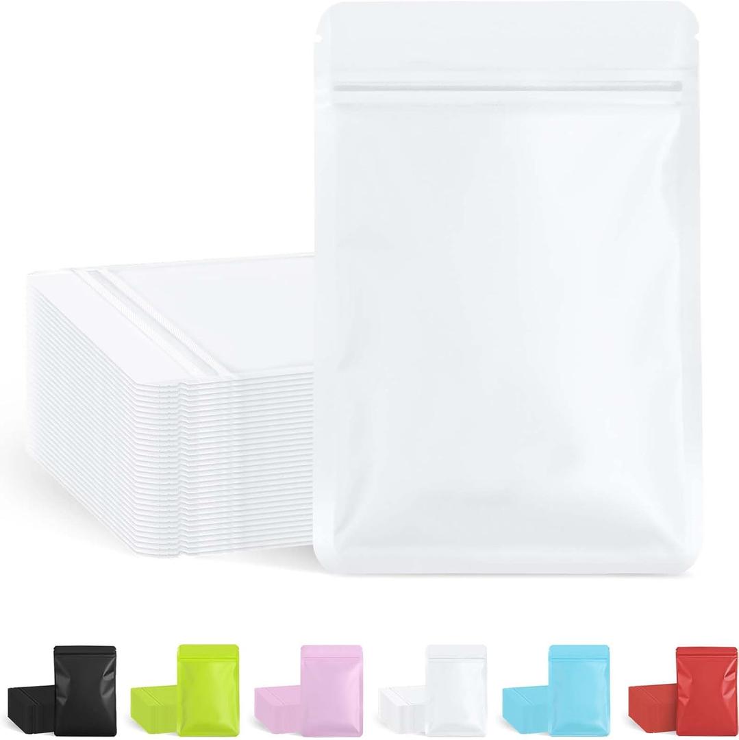 FireKylin 100 Pack Resealable Packaging Bags for Small Business Double-Sided Color Smell Proof Bags for Food Storage Flat Bags (White, 4.7" x 7.1")