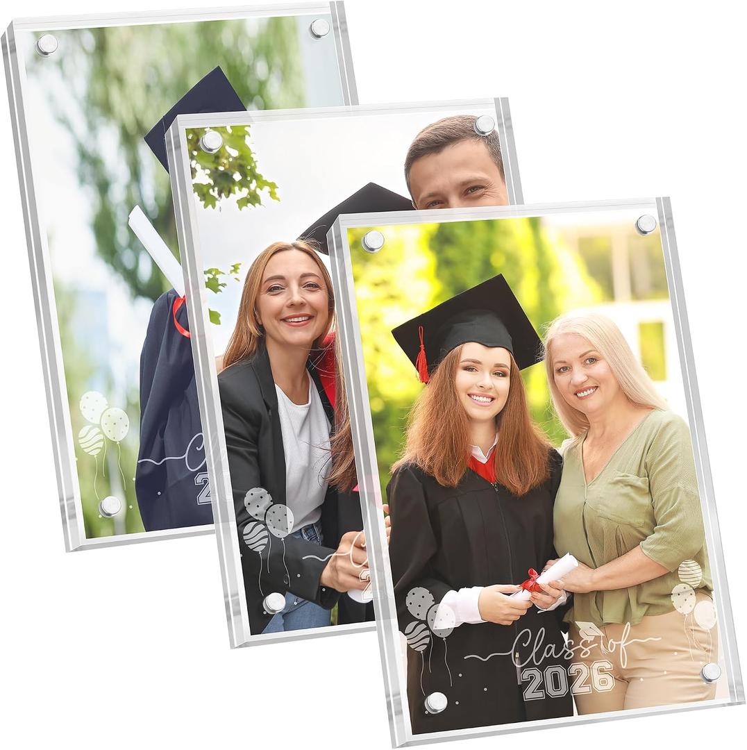 Aneco 3 Pack Class of 2026 Graduation Acrylic Picture Frames 4 x 6 Inch Graduate Double Sided Magnet Frames Clear Thick Freestanding Desktop Display with Engraved Design for High School College Gifts