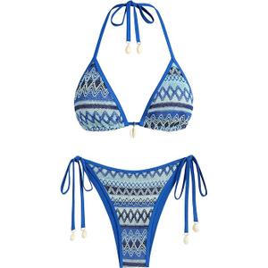 ZAFUL Women's Colorblock Stripes Triangle Halter Tied Cheeky Thong Bikini Set High Cut Two Piece Bathing Suit, M.