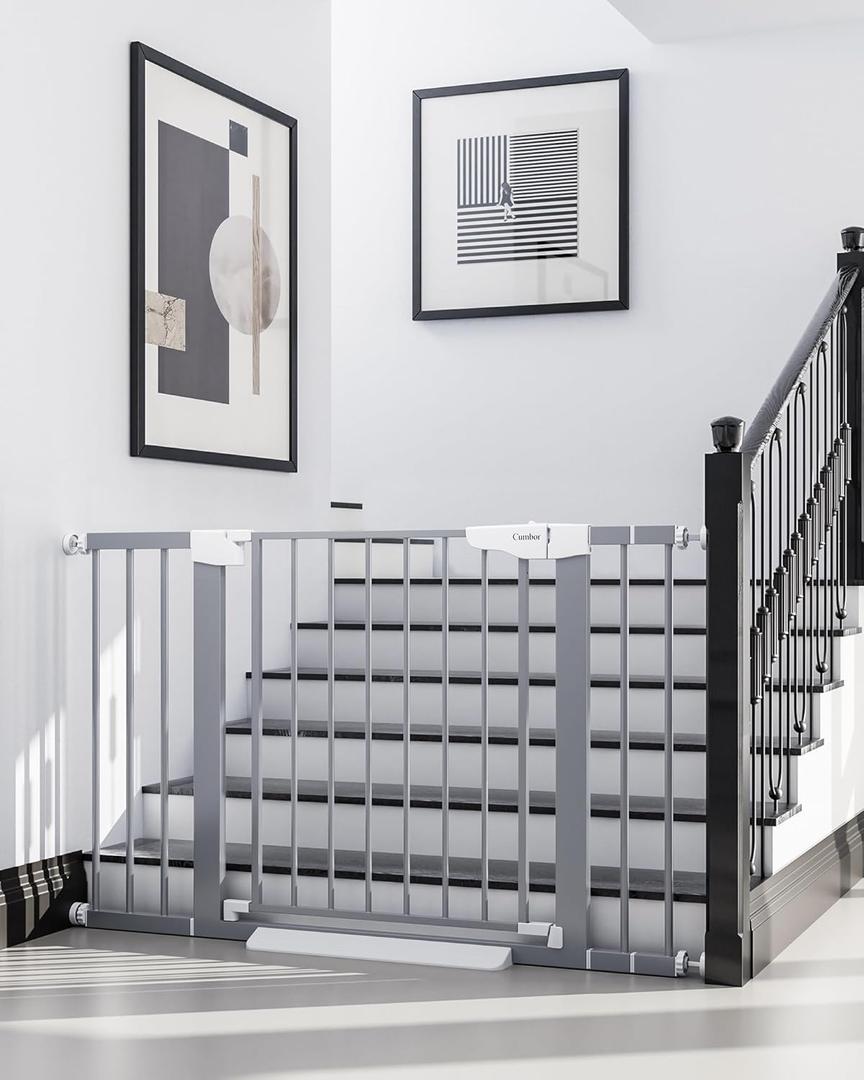 Cumbor 29.5-27" Auto Close Safety Baby Gate, Extra Tall and Wide Child Gate, Easy Walk Thru Durability Dog Gate for House, Stairs, Doorways. Includes 4 Wall Cups and 2 Extension Pieces, Gray
