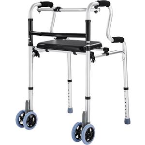 Folding Walkers with Wheels and Seat 390LB,Auto Brake Double Front 5" Wheel Walker,Lightweight Standard Walkers for Seniors, Aluminum Rolling Walker for Adults,Height Adjustable Walking Mobility Aid