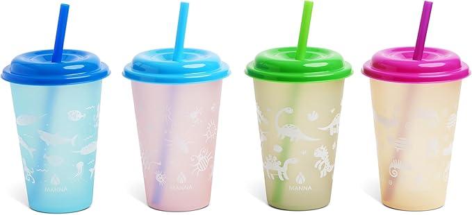 4 Pack Manna Kids Reusable Color Changing Tumbler Set (354 ml 12 oz) NO STRAWS Multicolor