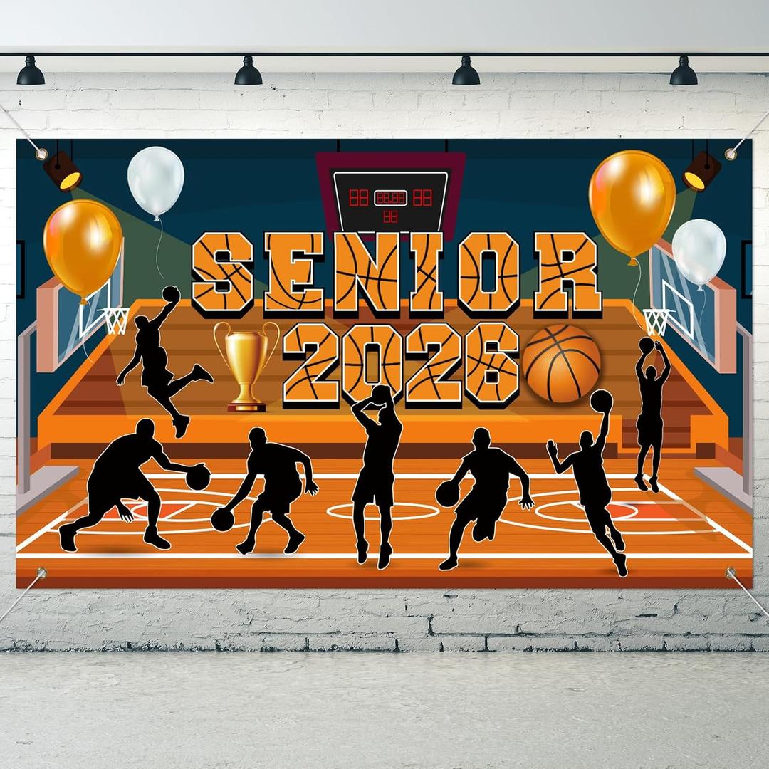 2026 Senior Night Backdrop, 70 x 43 Inches Large Basketball Senior Night Decor, 2026 Basketball Backdrop Banner for Party High School College Graduation Sport Theme Supplies Photo Prop