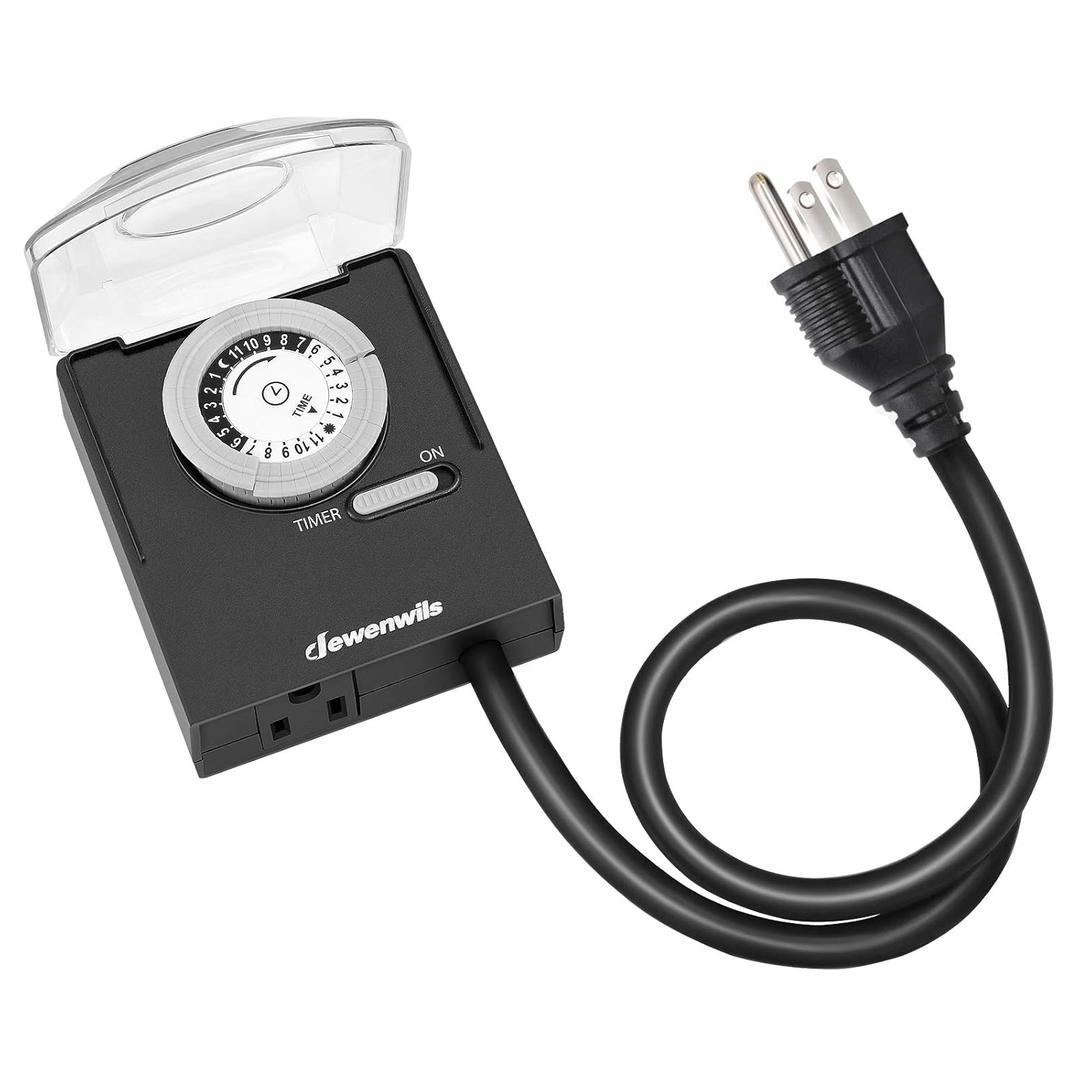 DEWENWILS 24-Hour Mechanical Light Timer with 2ft Long Cord, Waterproof Electrical Timer with Grounded Outlet, Plug in Timer Switch for Halloween Lights, 15A, 1/2 HP, UL Listed DEWENWILS 24-Hour Mechanical Light Timer with 2ft Long Cord, Waterproof Electrical Timer with Grounded Outlet, Plug in Timer Switch for Halloween Lights, 15A, 1/2 HP, UL Listed