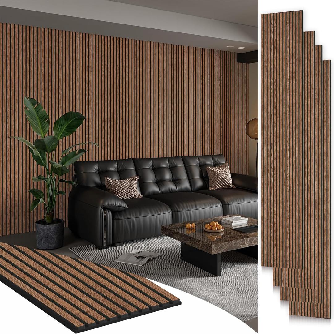 Smartstandard 4 Pack 105.9" x 12.6" Wood Slat Wall Panels, Soundproof Wooden Wall Panels, 3D Fluted Wood Panels for Interior Wall Decor, Classic Brown